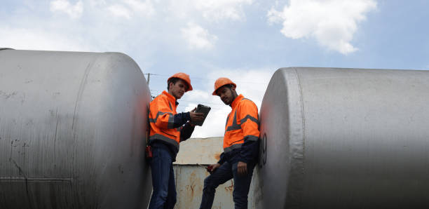 Architecture, construction building with an architect,  railway engineer and designer working as a team and plan to works ,Working at  oil tank at railway station